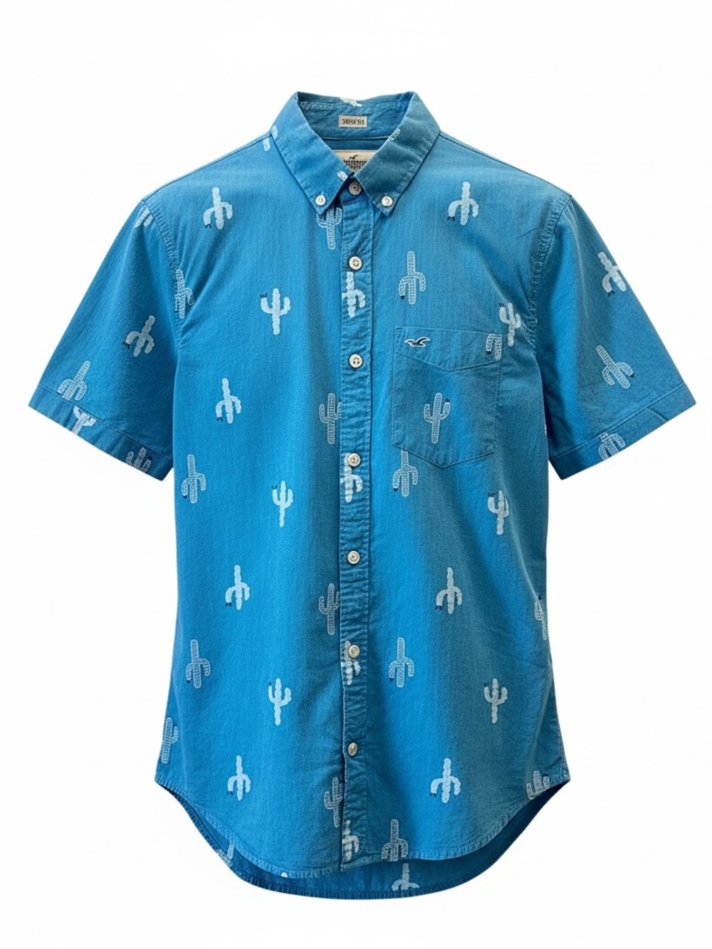 Hollister Teal-Blue Short Sleeve Button-Down with Cactus Print Size Medium